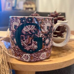 Anthropologie Letter G Block Print Mug Stoneware Floral Paisley Thumb-Rest